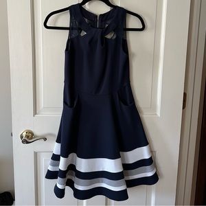 Blush by Us Angels navy blue dress with white and gray stripes
